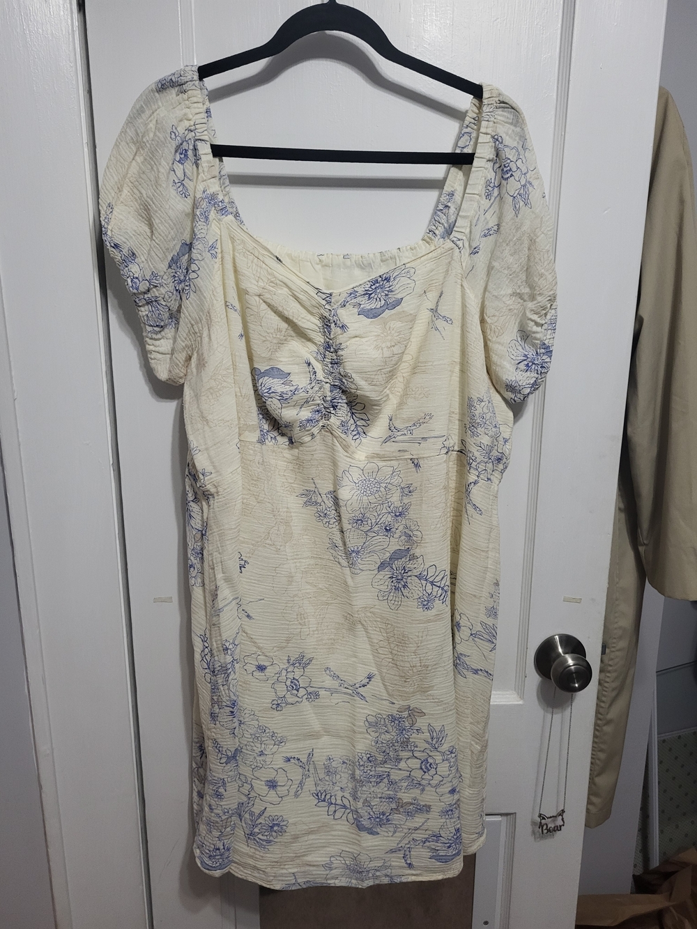 Euc Cream Floral Puff-Sleeve Mini‎ Dress with Blue Print Size 20